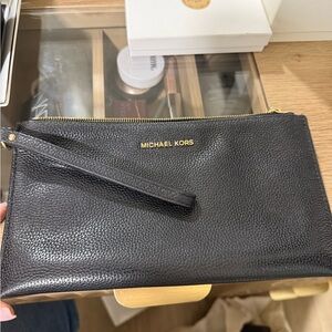 Michael Kors Black Pebbled Wristlet with Gold Accents